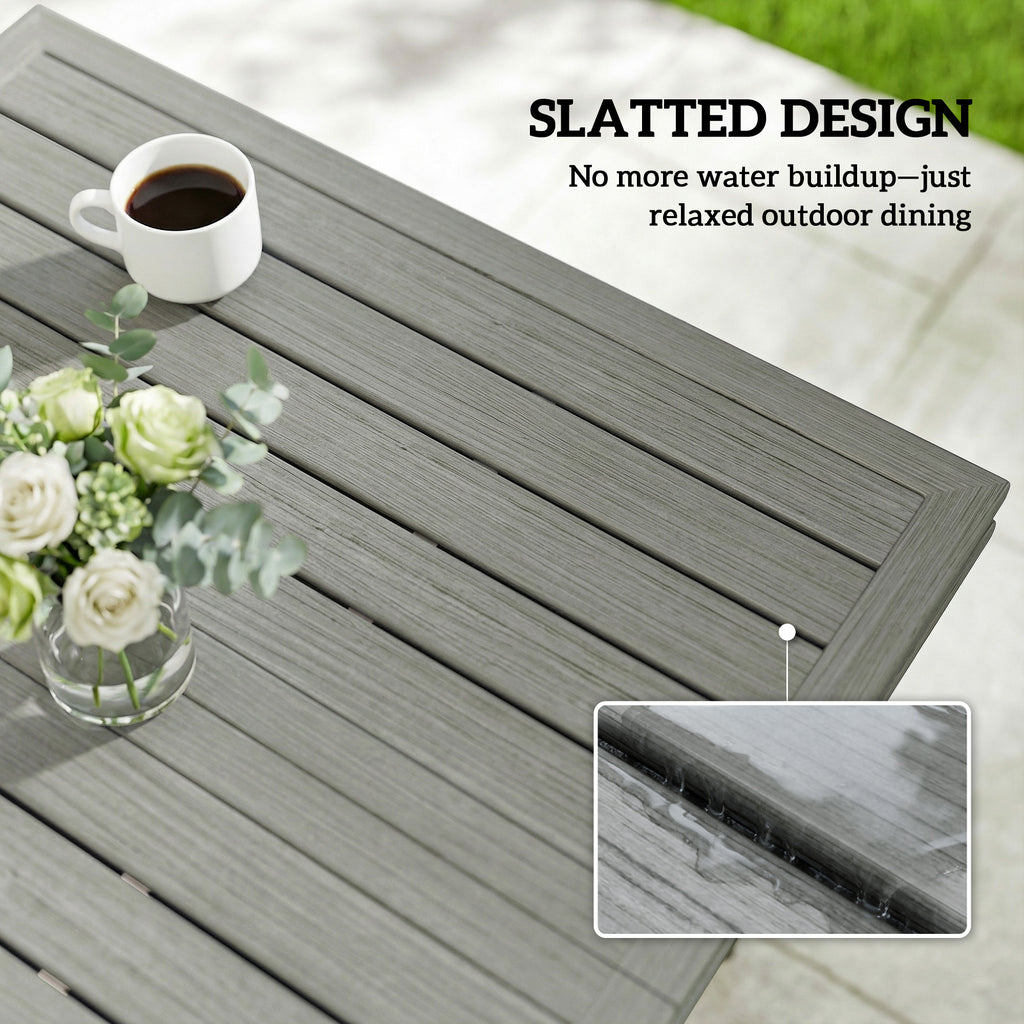 Outdoor Dining Table for 4, Square Patio Table with Umbrella Hole, Shelf, Slatted Faux Wood Steel Top, Grey