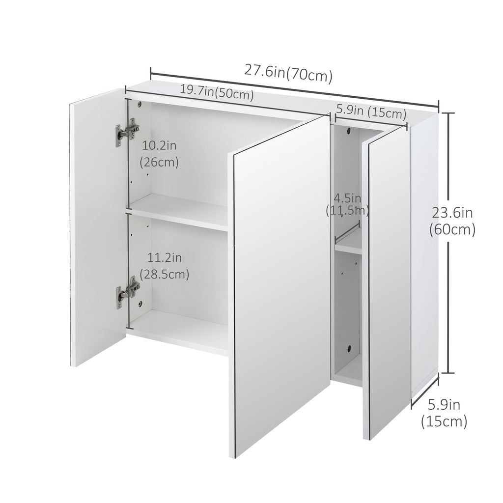 28" x 24" Wall Mounted Mirror Cabinet, Bathroom Medicine Cabinet with Mirror, 3 Doors and Adjustable Shelves, White