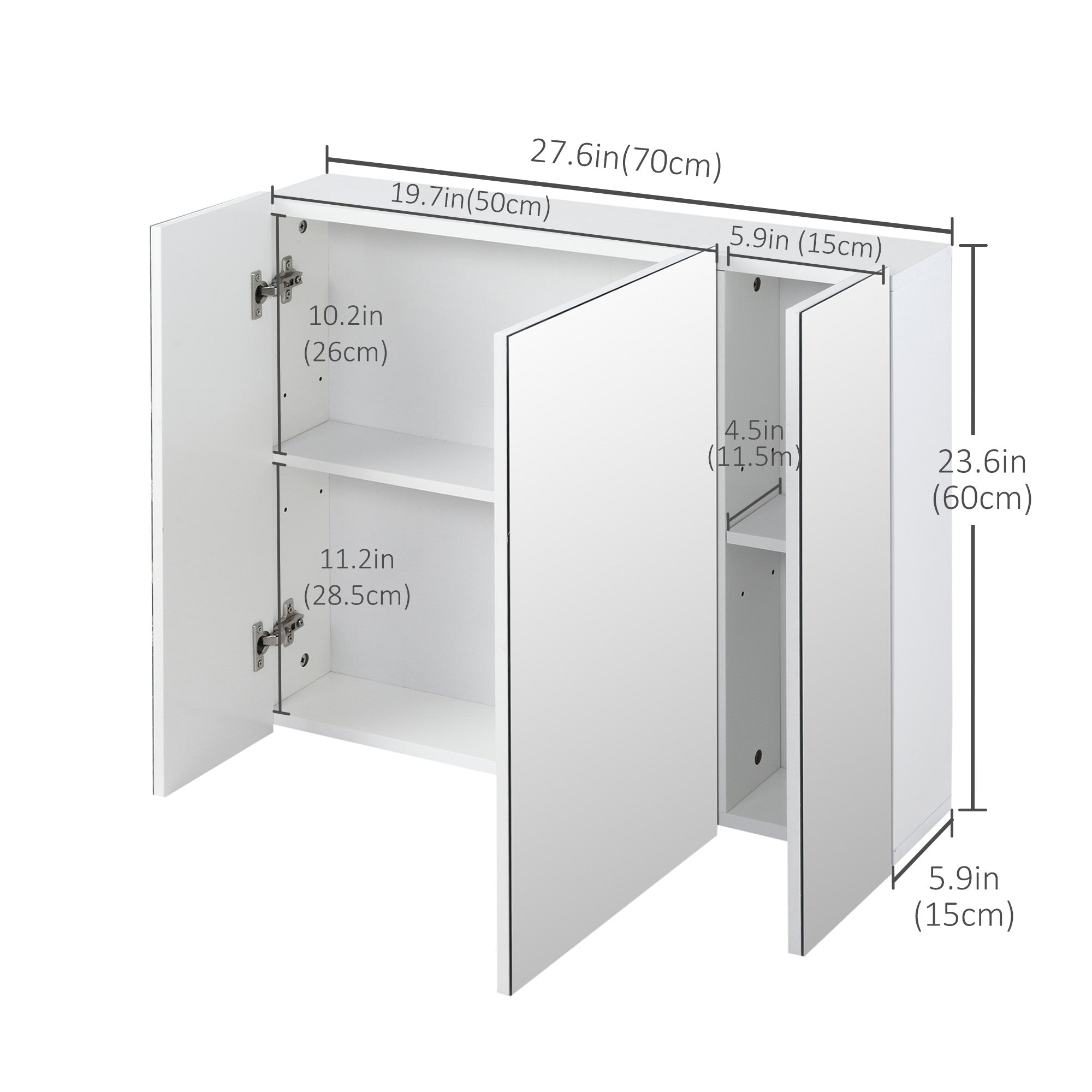 28" x 24" Wall Mounted Mirror Cabinet, Bathroom Medicine Cabinet with Mirror, 3 Doors and Adjustable Shelves, White