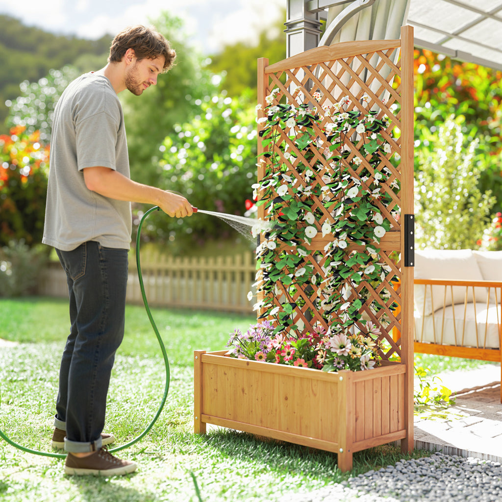 Raised Garden Bed with Trellis, Wooden Raised Planter Box with Elevated Raised Bed, 35.4" x 17.7" x 70.9", Yellow