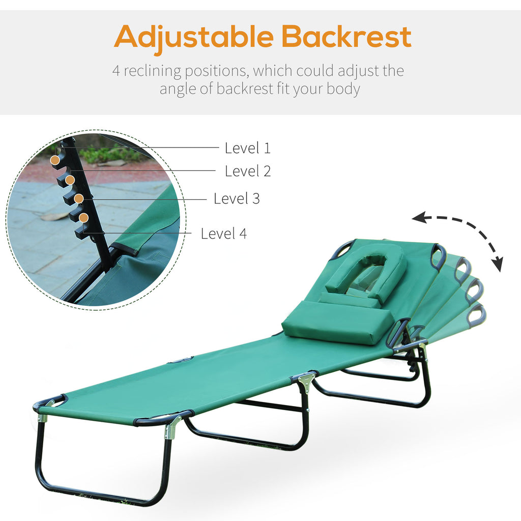 Folding Outdoor Lounge Chair, Portable Reclining Beach Lounger with Face Hole, Detachable Pillow, 3-Position Adjustable Backrest, For Patio, Garden, Poolside, Green