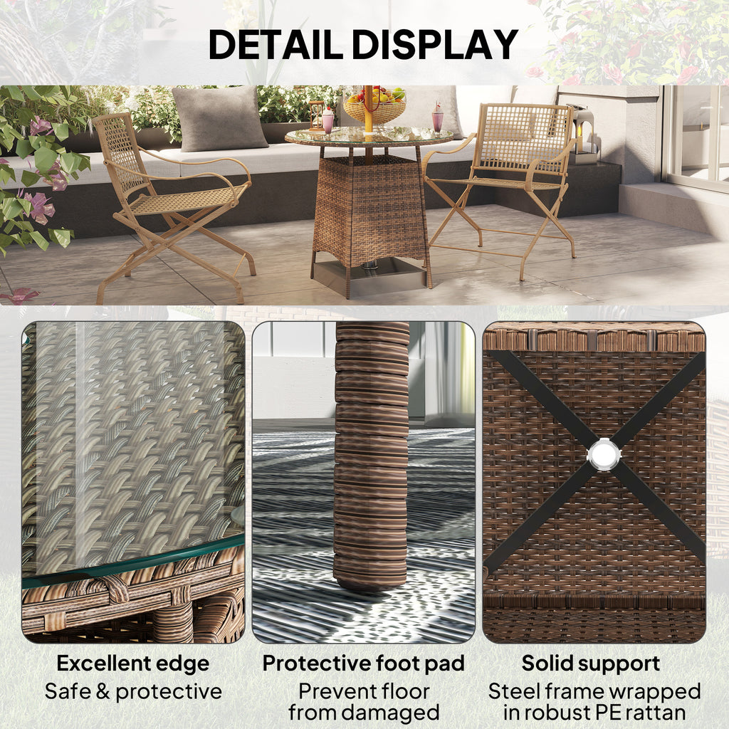 31.5" Outdoor Round Patio Table with Umbrella Hole, Bistro Coffee Table with Tempered Glass Top for Garden, Brown