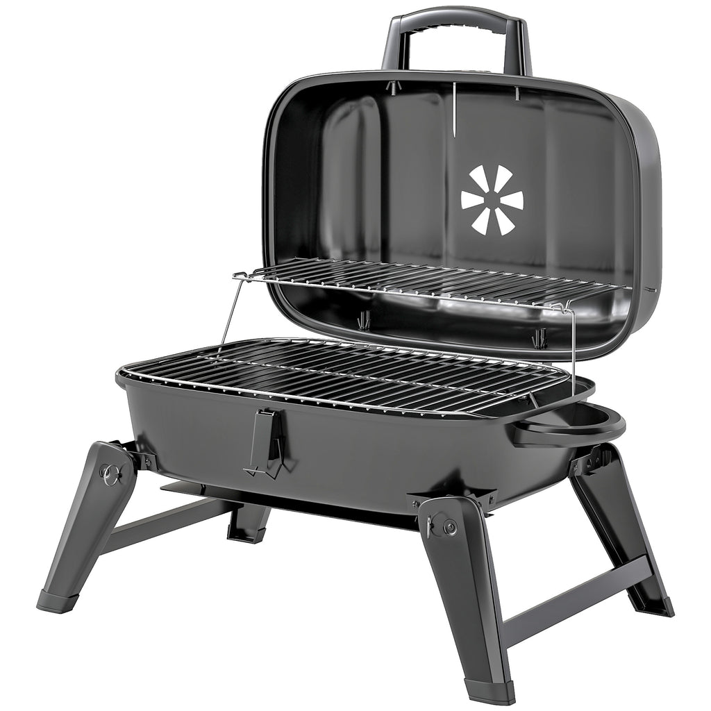 Charcoal BBQ Grill, Foldable Barbecue Grill with Warming Rack, Adjustable Vent, Thermometer, Handles, Black