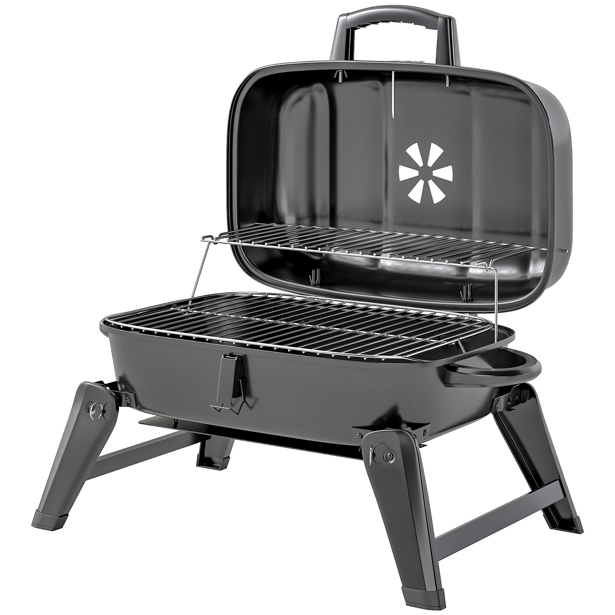 Charcoal BBQ Grill, Foldable Barbecue Grill with Warming Rack, Adjustable Vent, Thermometer, Handles, Black