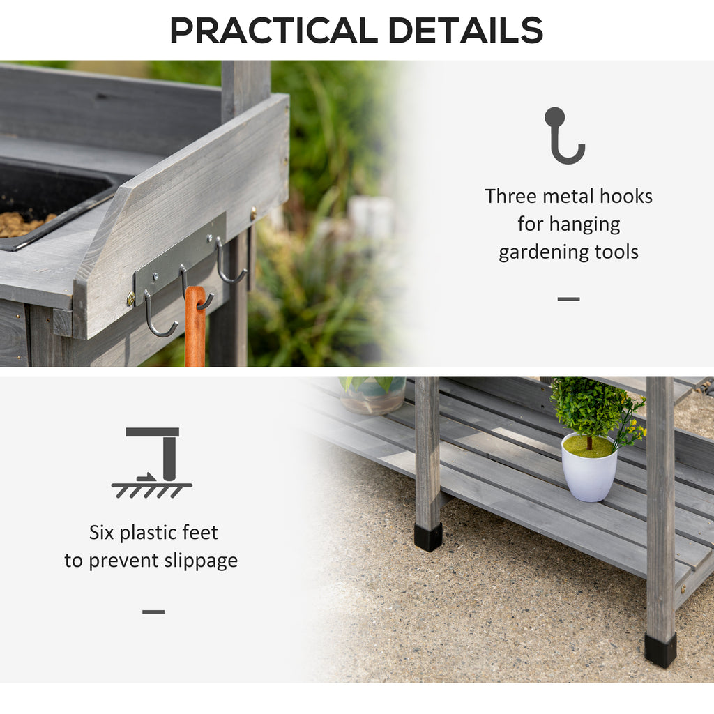 Potting Bench Table Garden Work Bench Workstation with Drawer, Removable Sink, Storage Shelves and Hooks for Patio, Courtyards, Balcony