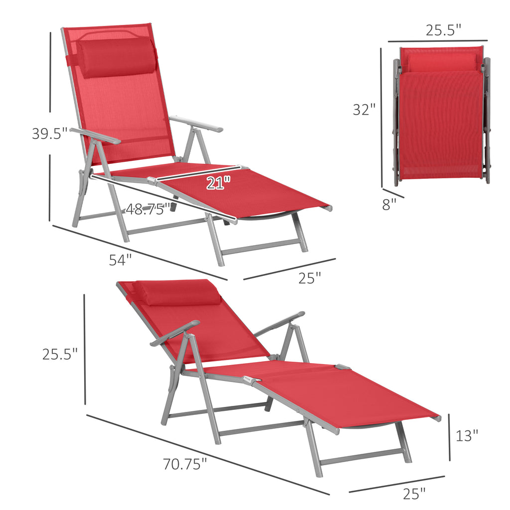 Outdoor Folding Chaise Lounge Chair Steel Portable Recliner with 7 Adjustable Backrest Positions, Red