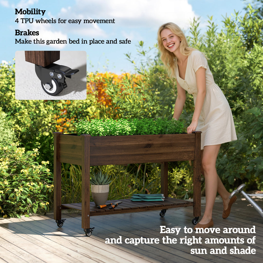 Mobile Raised Garden Bed Elevated Wood Planter Box with Lockable Wheels, Storage Shelf for Herbs Vegetables, Carbonized