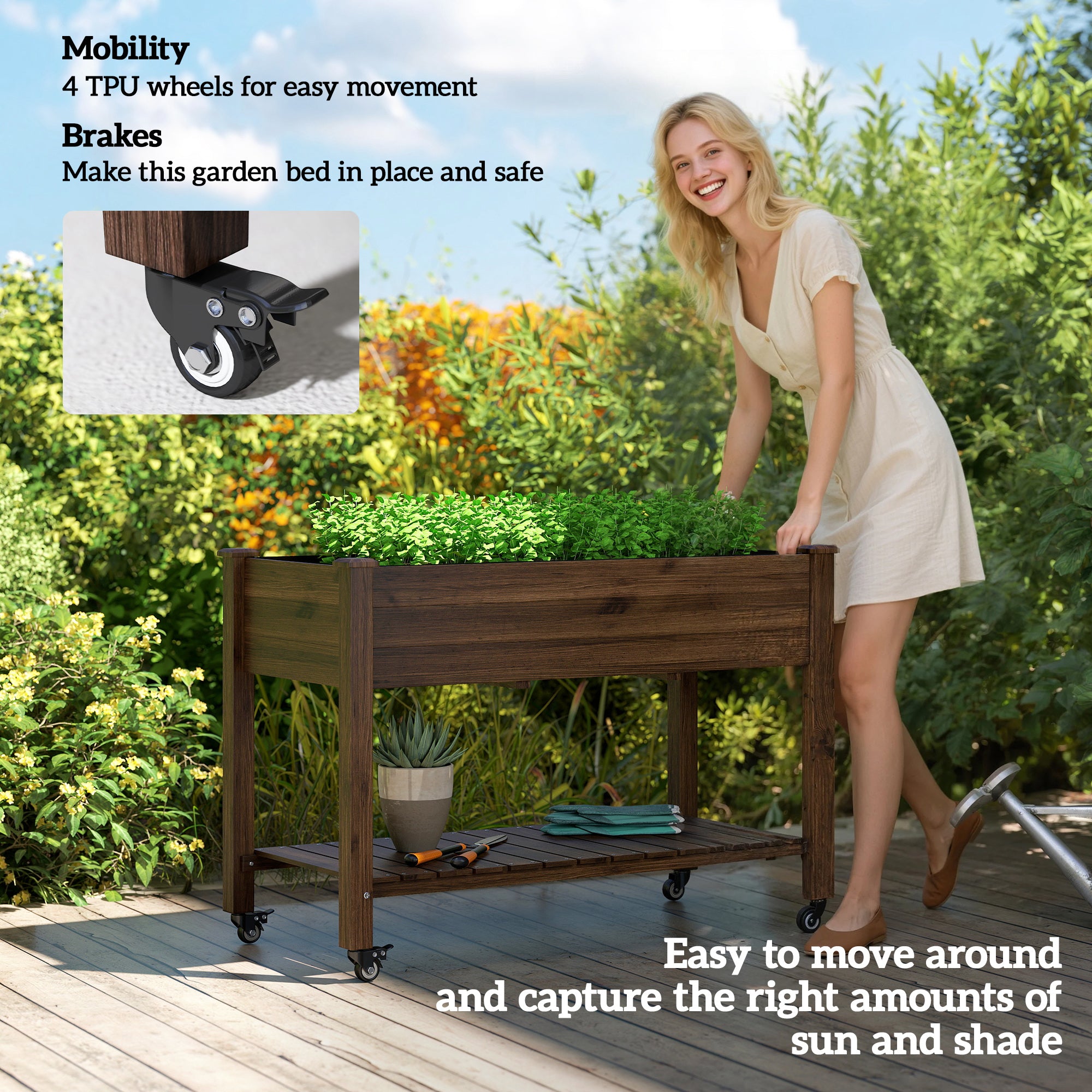 Mobile Raised Garden Bed Elevated Wood Planter Box with Lockable Wheels, Storage Shelf for Herbs Vegetables, Carbonized