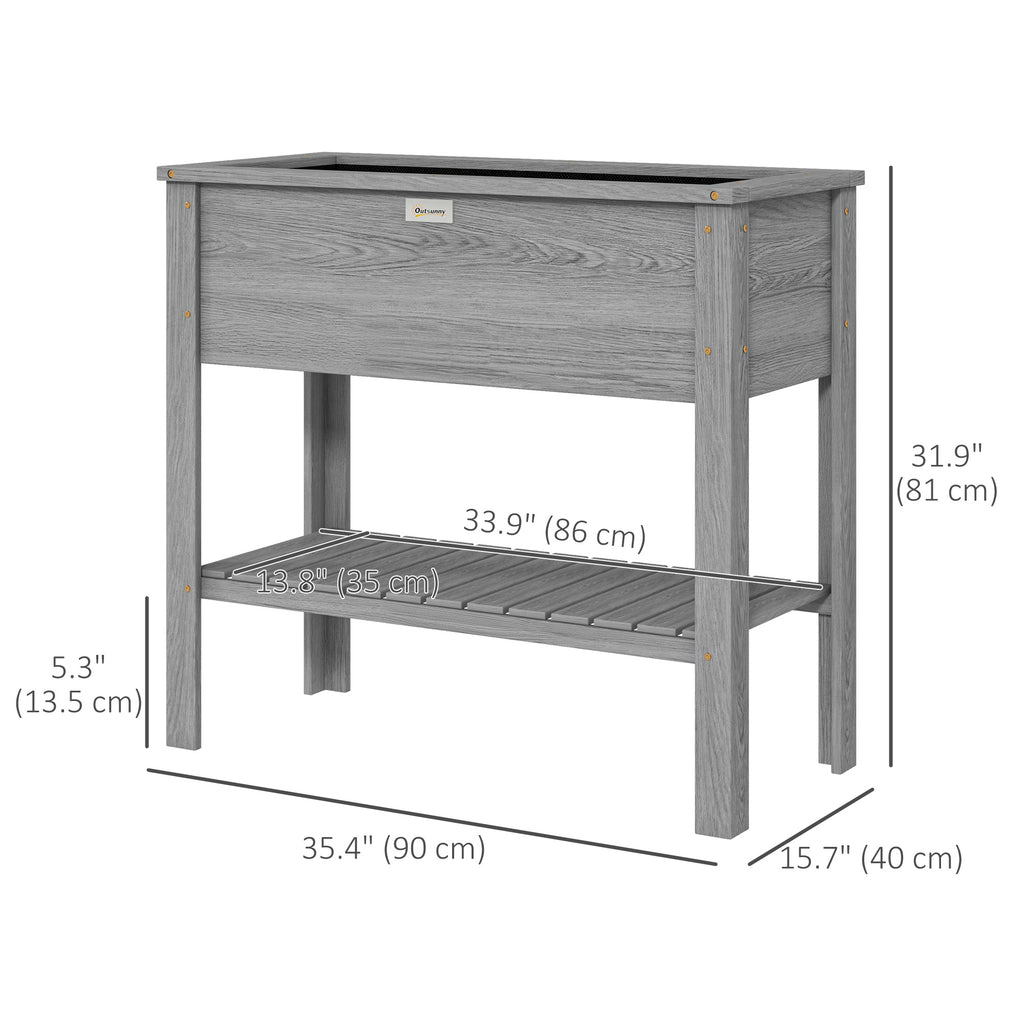 Elevated Planter Box with Storage Shelf for Flowers, Vegetables, and Herbs, 36" x 16" x 32", Grey