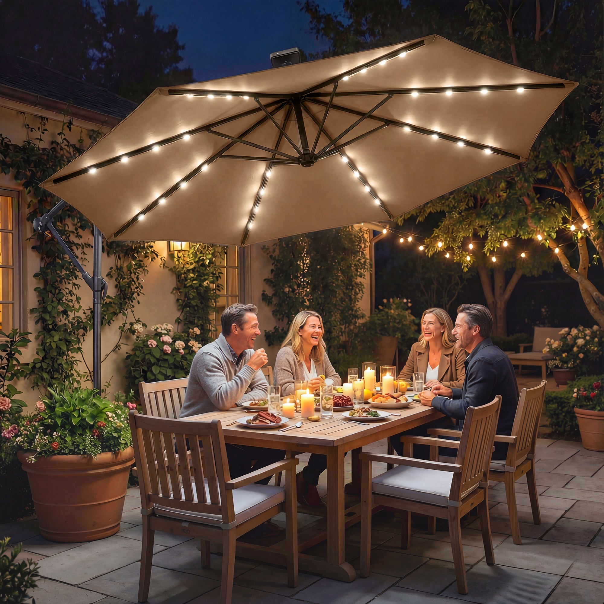 9.7 ft Cantilever Patio Umbrella with Solar Light, Garden Hanging Parasol with Cover, Tilt, Crank, Khaki
