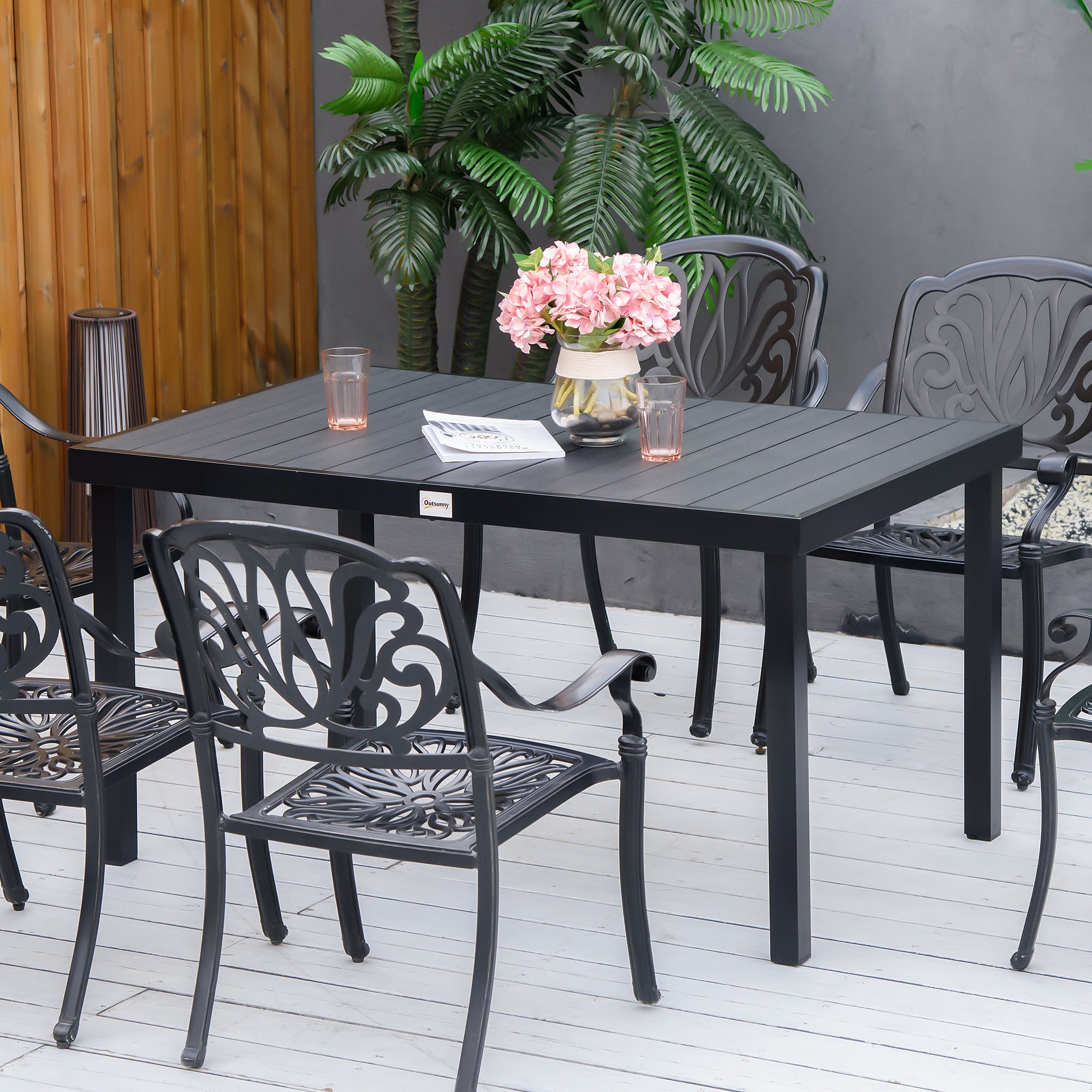 Aluminum Outdoor Dining Table for 6, Patio Rectangular Table, 55" W x 35.5" D x 29.25" H, Black