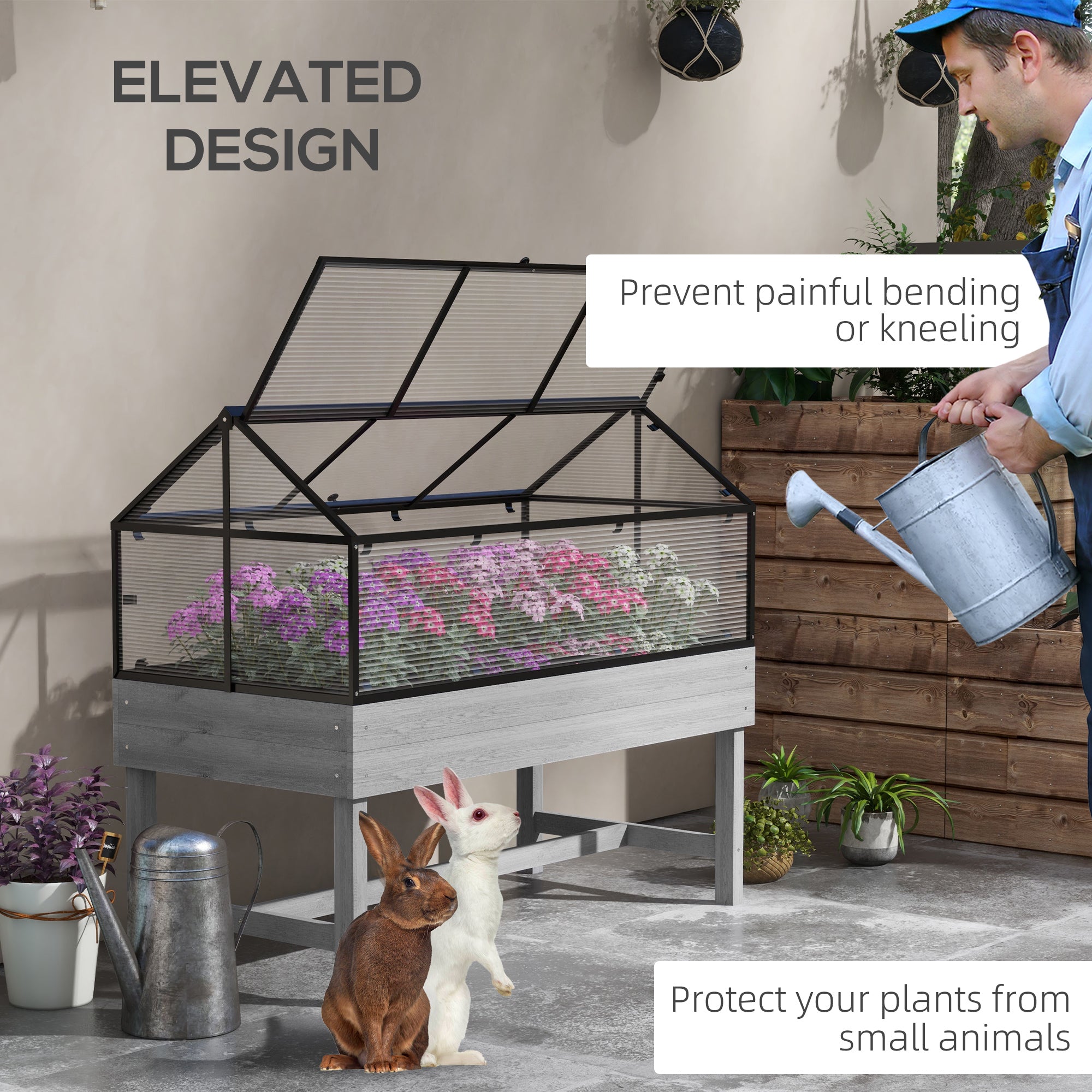 Wood Elevated Planter Box with Cold Frame Greenhouse, Raised Garden Bed for Vegetables, Flowers, Herbs, Distressed Grey