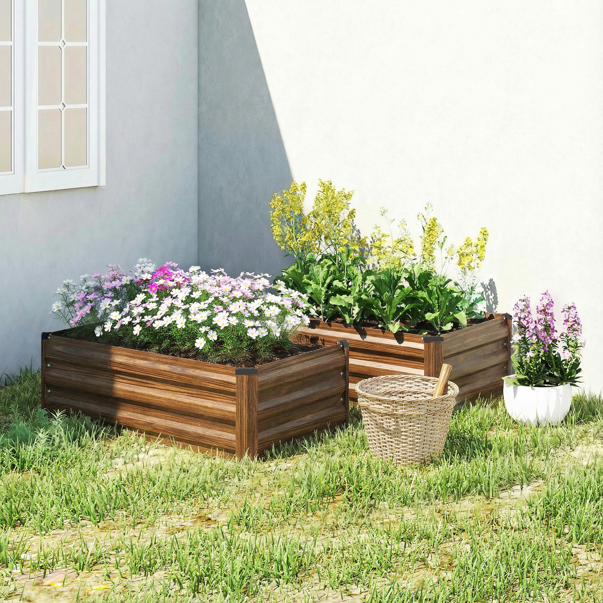 Set of 2 Galvanized Raised Beds for Garden, Outdoor Planter Box for Flowers, Herbs and Vegetables, Dark Brown