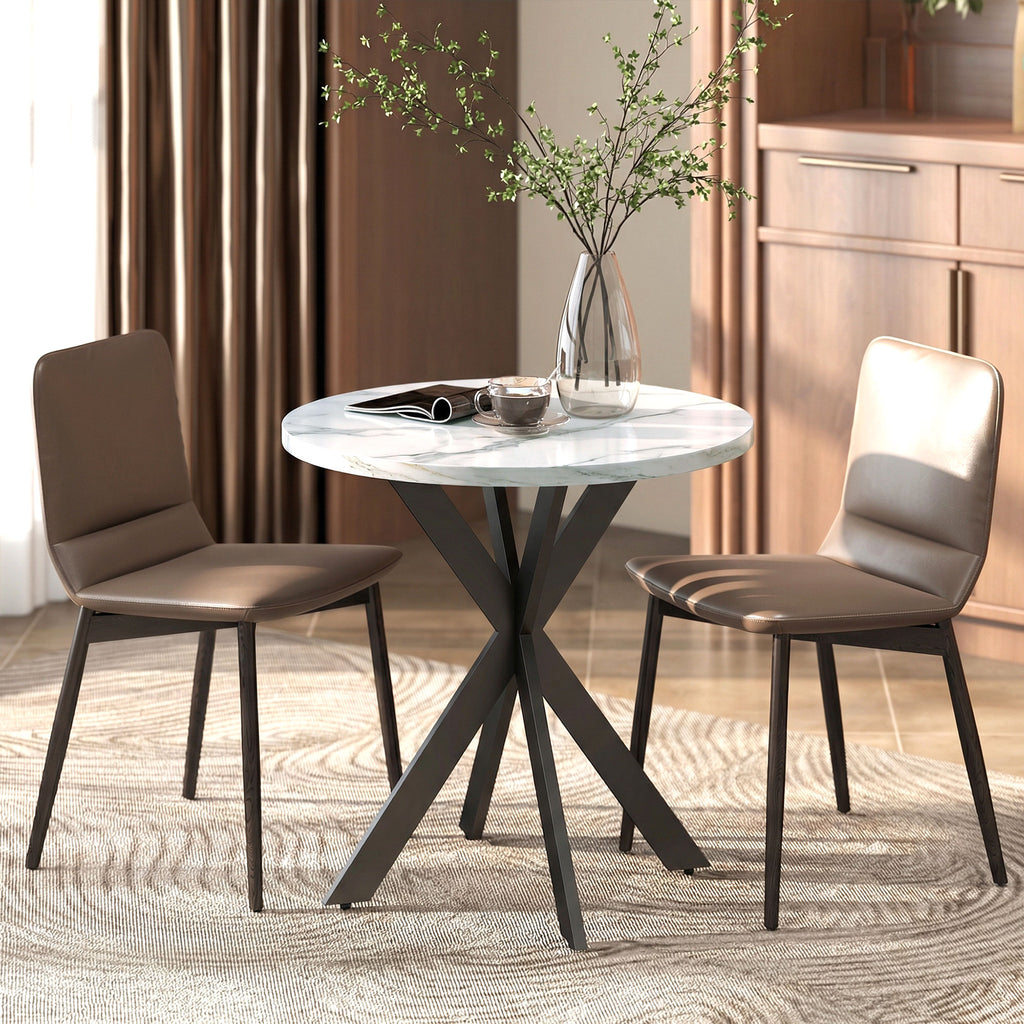 29" Dining Table, Contemporary Round Kitchen Table with Steel Legs, White Marble-Effect