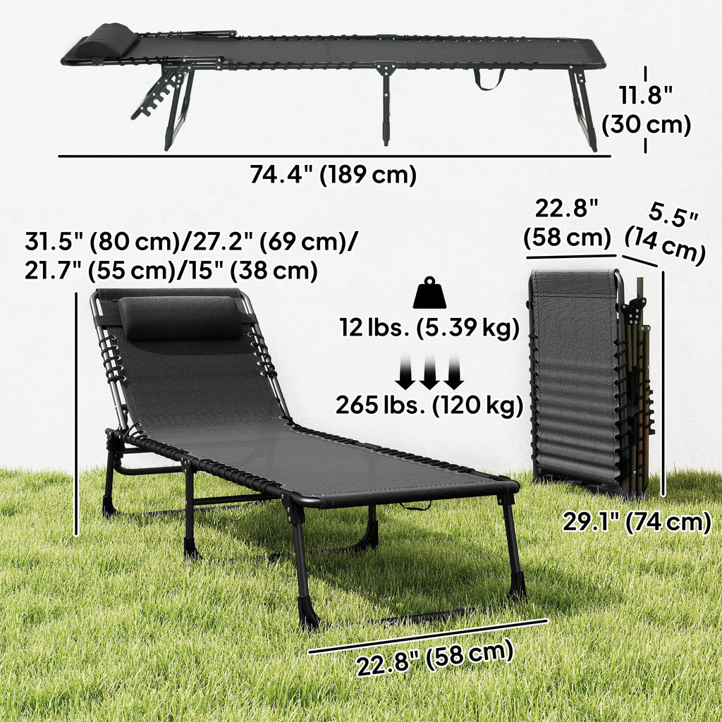 Outdoor Folding Lounge Chair, 4-Level Adjustable Chaise Lounge with Headrest, Tanning Chair Beach Bed Reclining Lounger Cot for Camping, Hiking, Backyard, Black