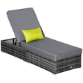 Patio Wicker Lounger, Outdoor PE Rattan Single Chaise Lounge w/Adjustable Recliner Backrest, Cushion, & Pillow, Grey
