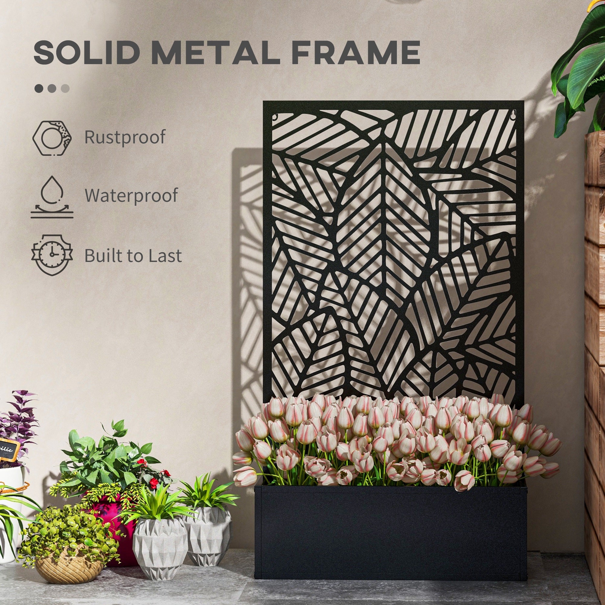 Metal Outdoor Raised Garden Bed with Privacy Screen, Privacy Panel and Planter Box, Wall-Mounted or Freestanding, Black