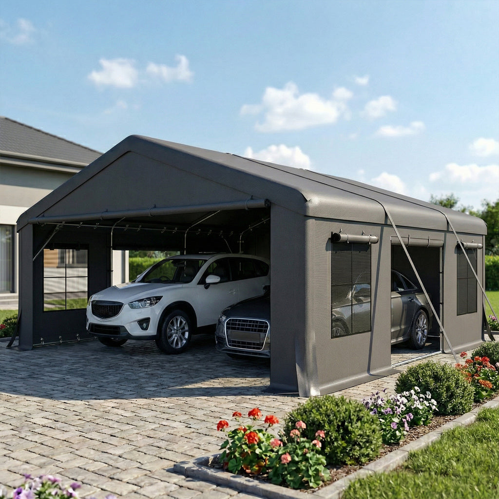 20' x 20' Heavy Duty Carport, Portable Garage Car Canopy Tent Shelter with 3 Roll-up Doors, 4 Windows, Dark Grey