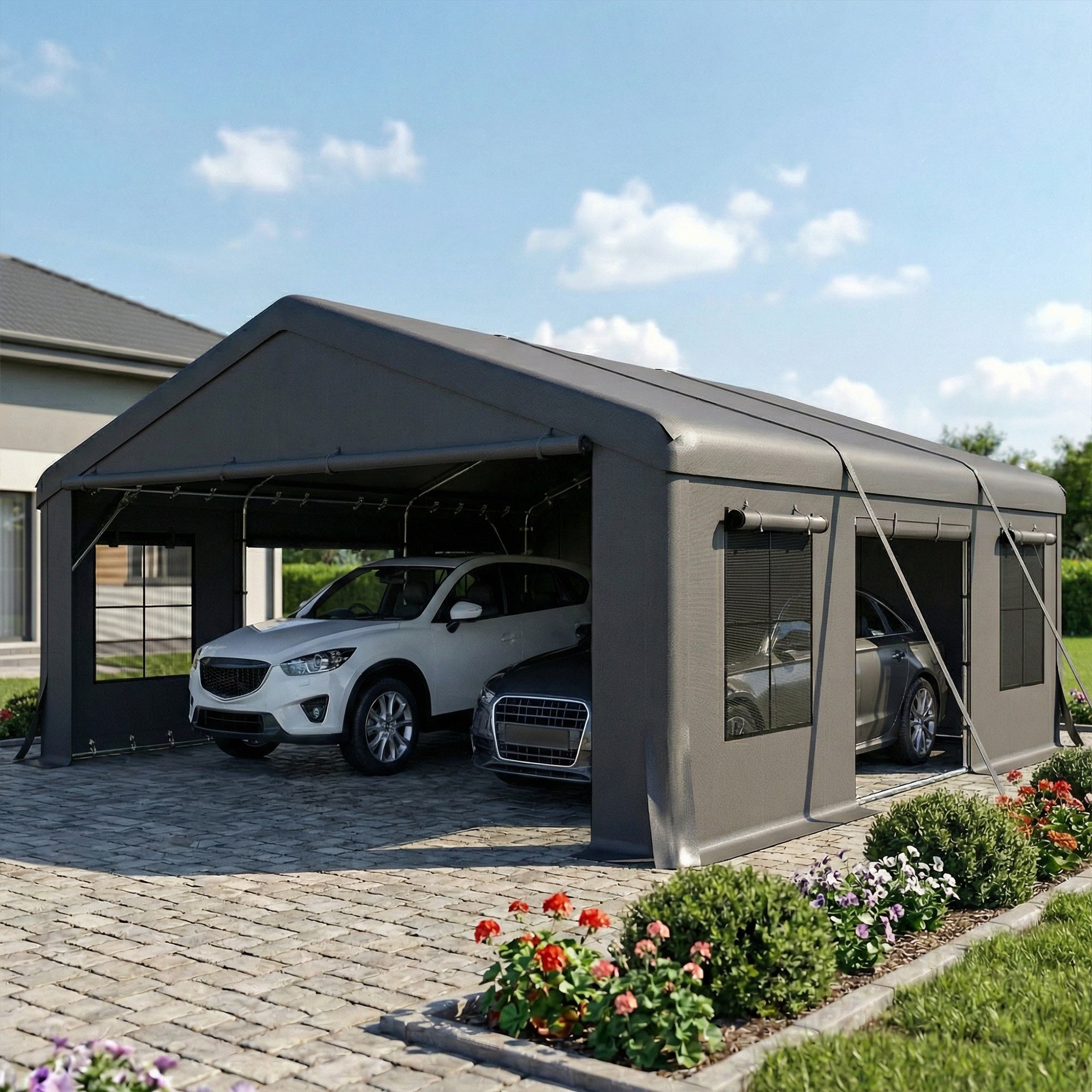 20' x 20' Heavy Duty Carport, Portable Garage Car Canopy Tent Shelter with 3 Roll-up Doors, 4 Windows, Dark Grey
