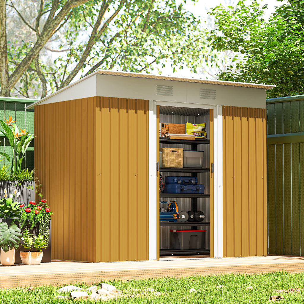 7' x 4' Outdoor Storage Shed, Metal Garden Tool Storage House Organizer with Lockable Sliding Doors and Vents for Backyard Patio Lawn, Yellow