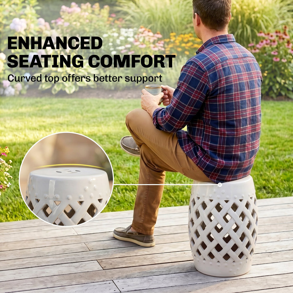 12.4" x 17.9" Ceramic Garden Stool with Woven Lattice Design, Indoor & Outdoor Decorative Accent Stool, White