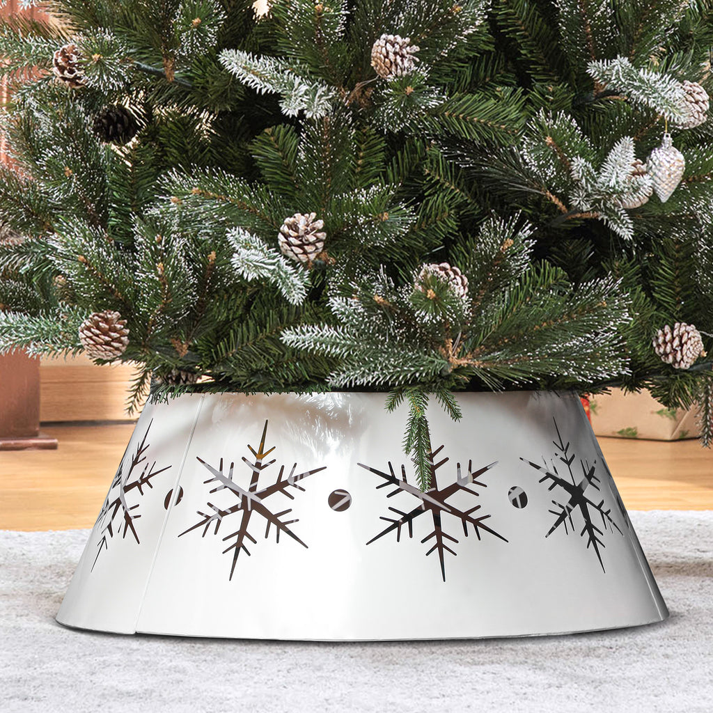 26" Christmas Tree Base Cover, Christmas Tree Collar with Hollow Snowflake Patterns for Home Decoration, White