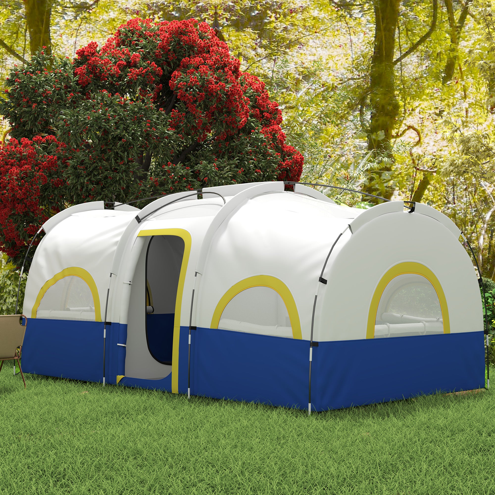 4 Person Camping Tent, 3 Room Cabin Tent, 3000mm Waterproof and UPF30+ with Sewn in Groundsheet and Carry Bag, Blue