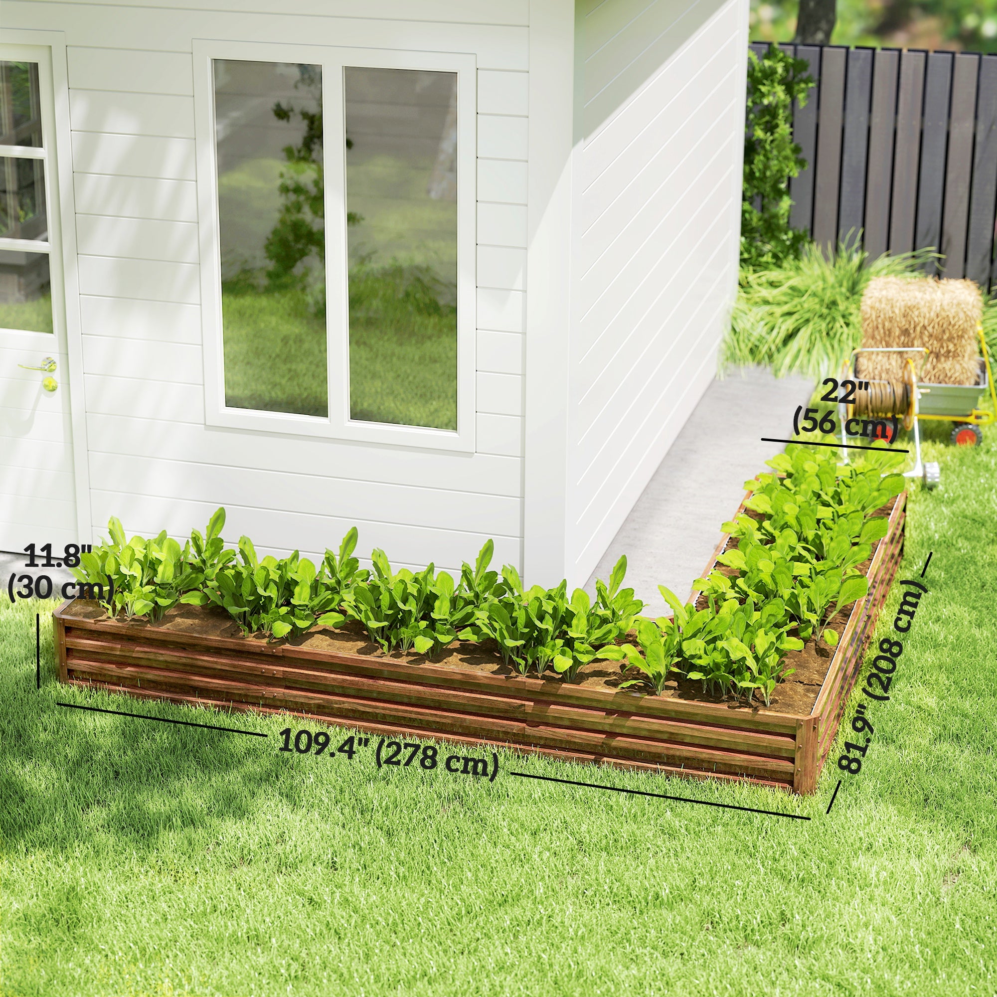 L-Shaped Raised Garden Bed, 82" x 109" x 12" Galvanized Steel Planter Box with Multi-reinforced Rods for Vegetables, Flowers and Herbs, Dark Brown Wood Effect