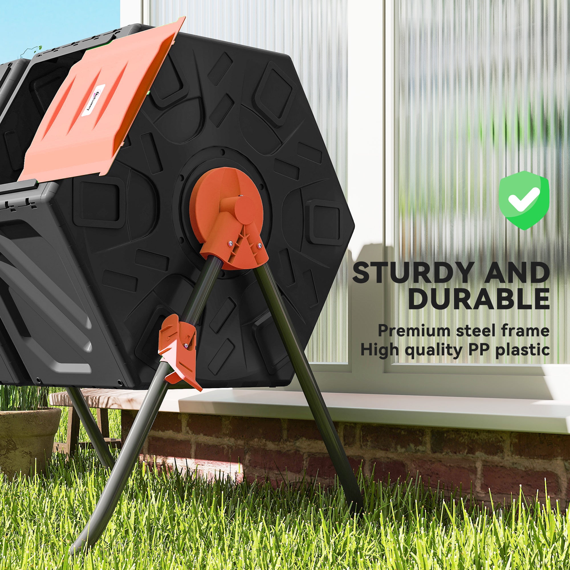Rotating Composter, Dual Chamber Compost Bin with 24 Vents and Steel Legs, 34.5 Gallon, Orange