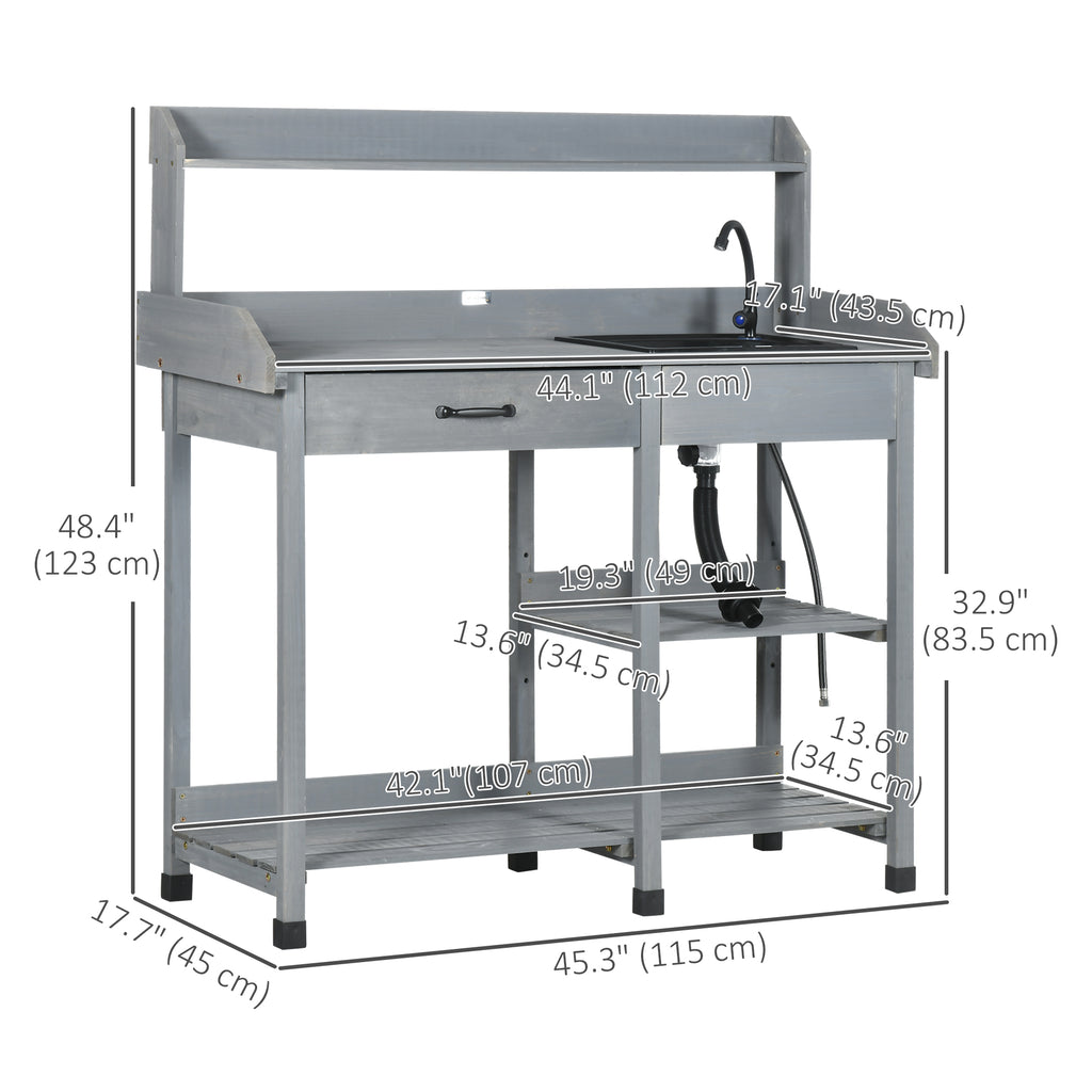 Potting Bench Table Garden Work Bench Workstation with Drawer, Removable Sink and Hooks, 45.3" x 17.7" x 48.4", Grey