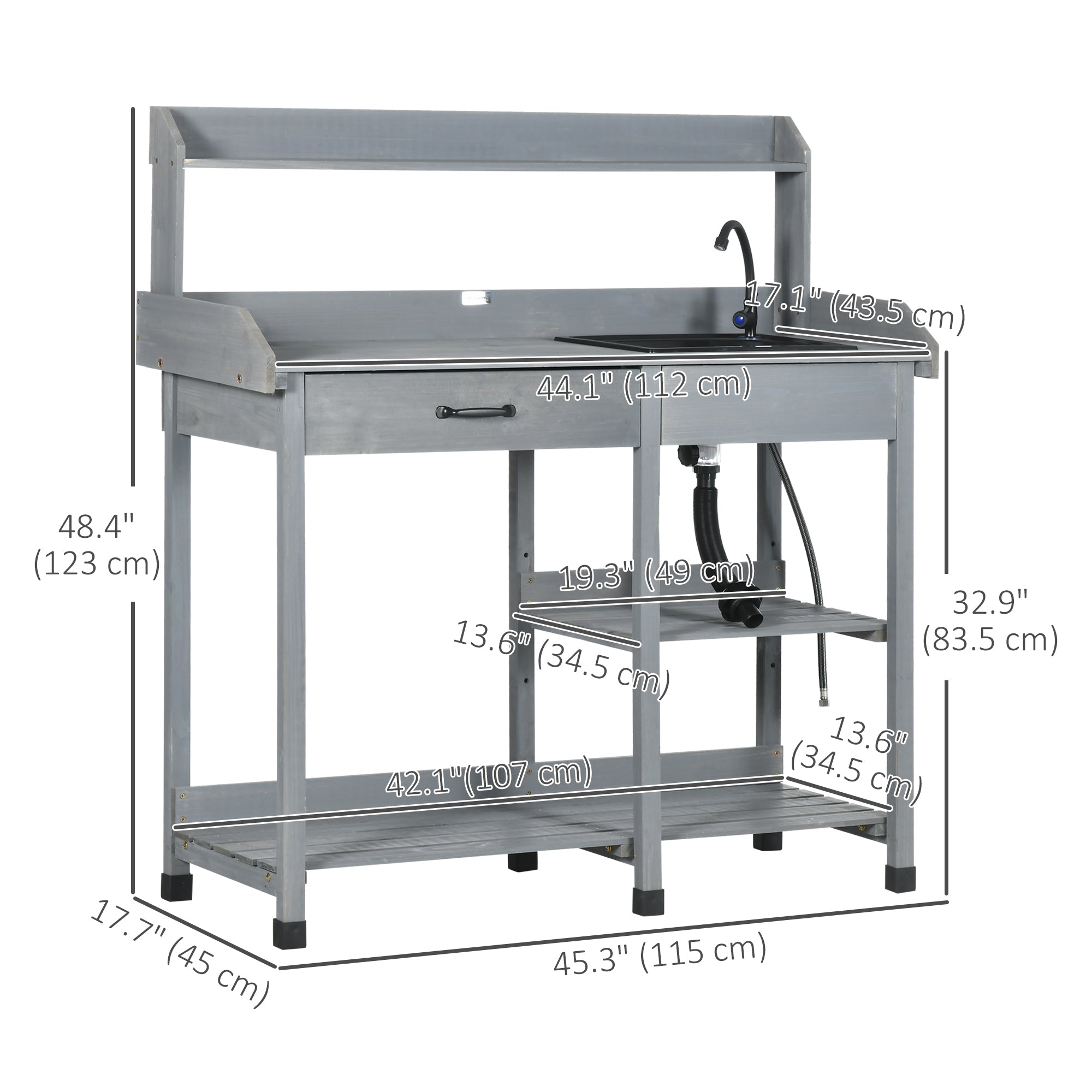 Potting Bench Table Garden Work Bench Workstation with Drawer, Removable Sink and Hooks, 45.3" x 17.7" x 48.4", Grey