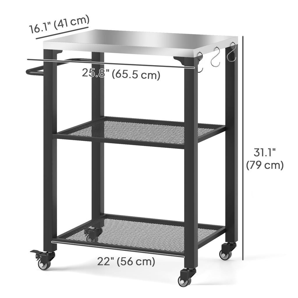 3-Shelf Outdoor Grill Cart Table with Stainless Steel Top, Hooks, Pizza Oven Stand on Wheels