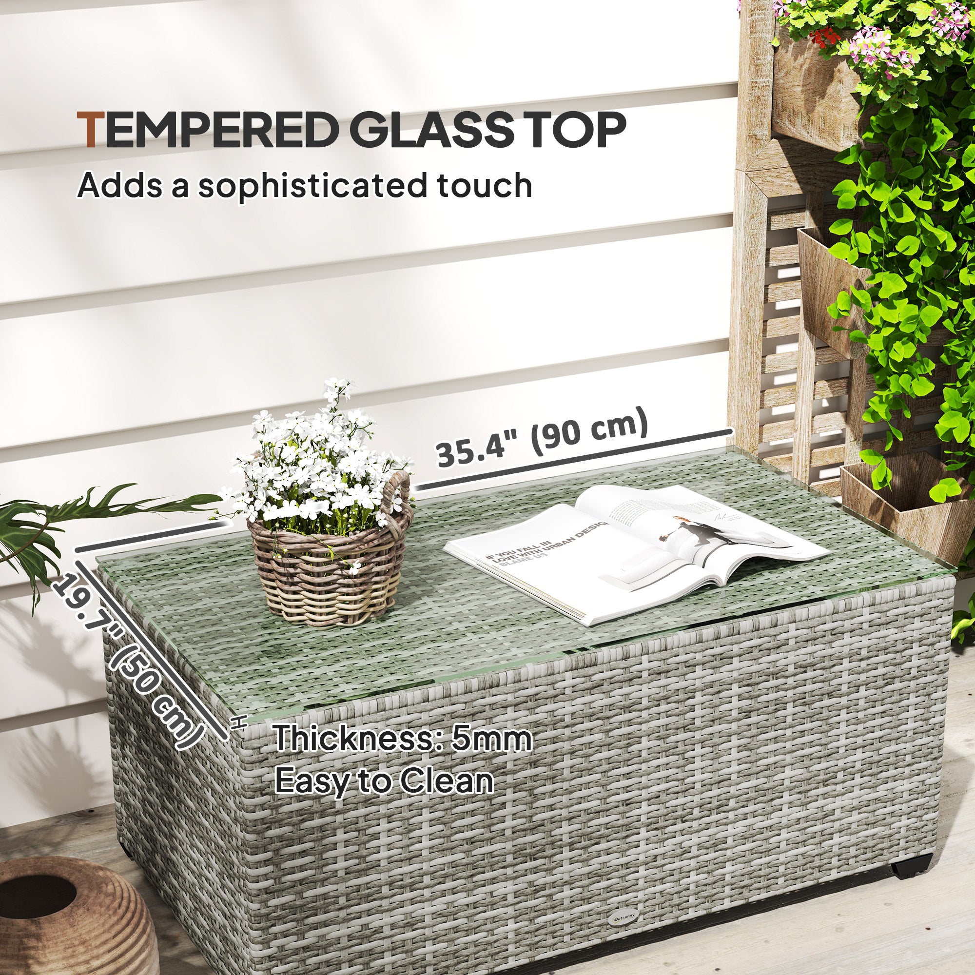 Wicker Outdoor Coffee Table, PE Wicker Rectangular Patio Table with Tempered Glass Top for Garden, Balcony, Light Grey