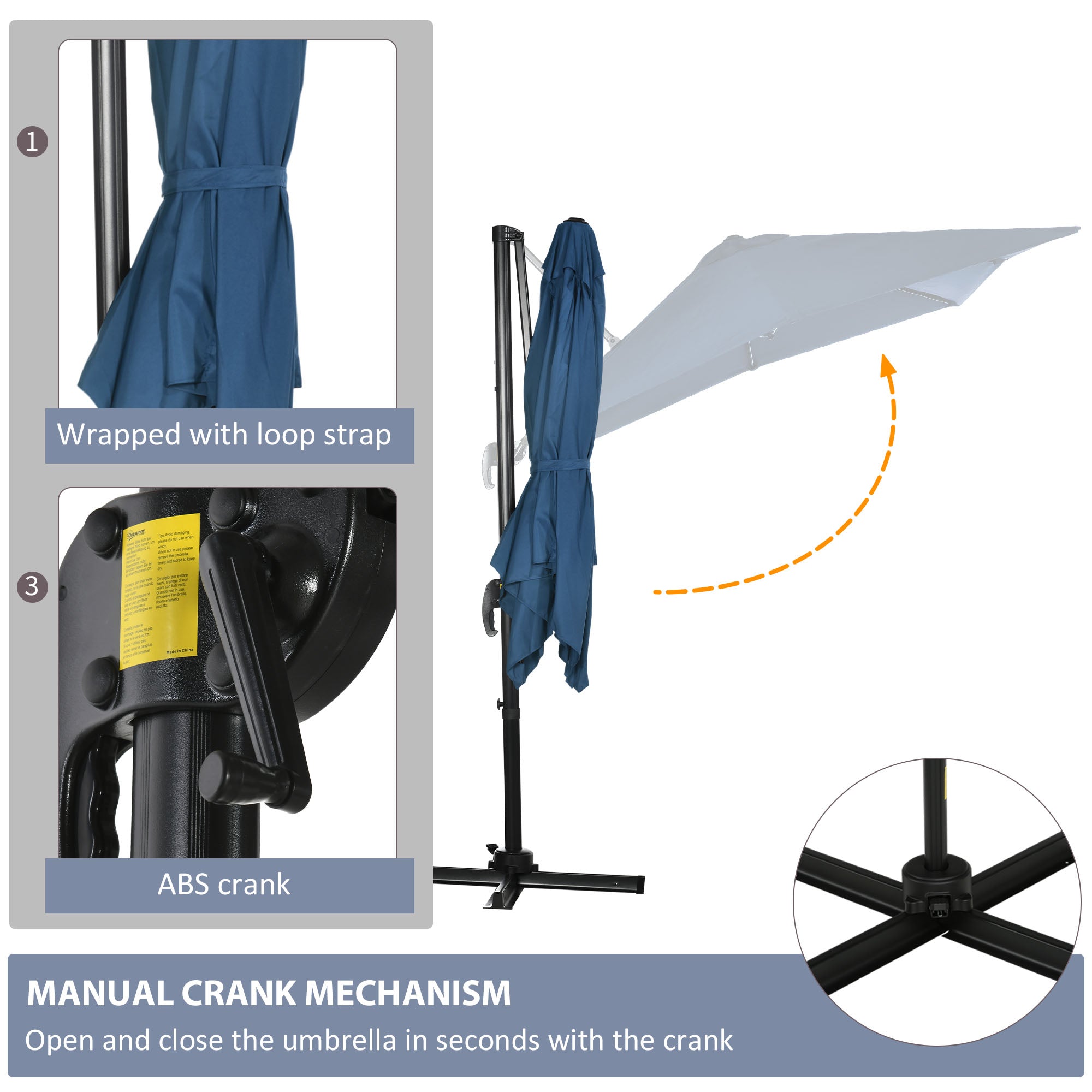 8' x 8' Square Patio Hanging Offset Umbrella with 360Â° Rotation, Aluminum Outdoor Cantilever Parasol with Crank & Tilt, Sun Canopy Shelter with Cross Base, Dark Blue
