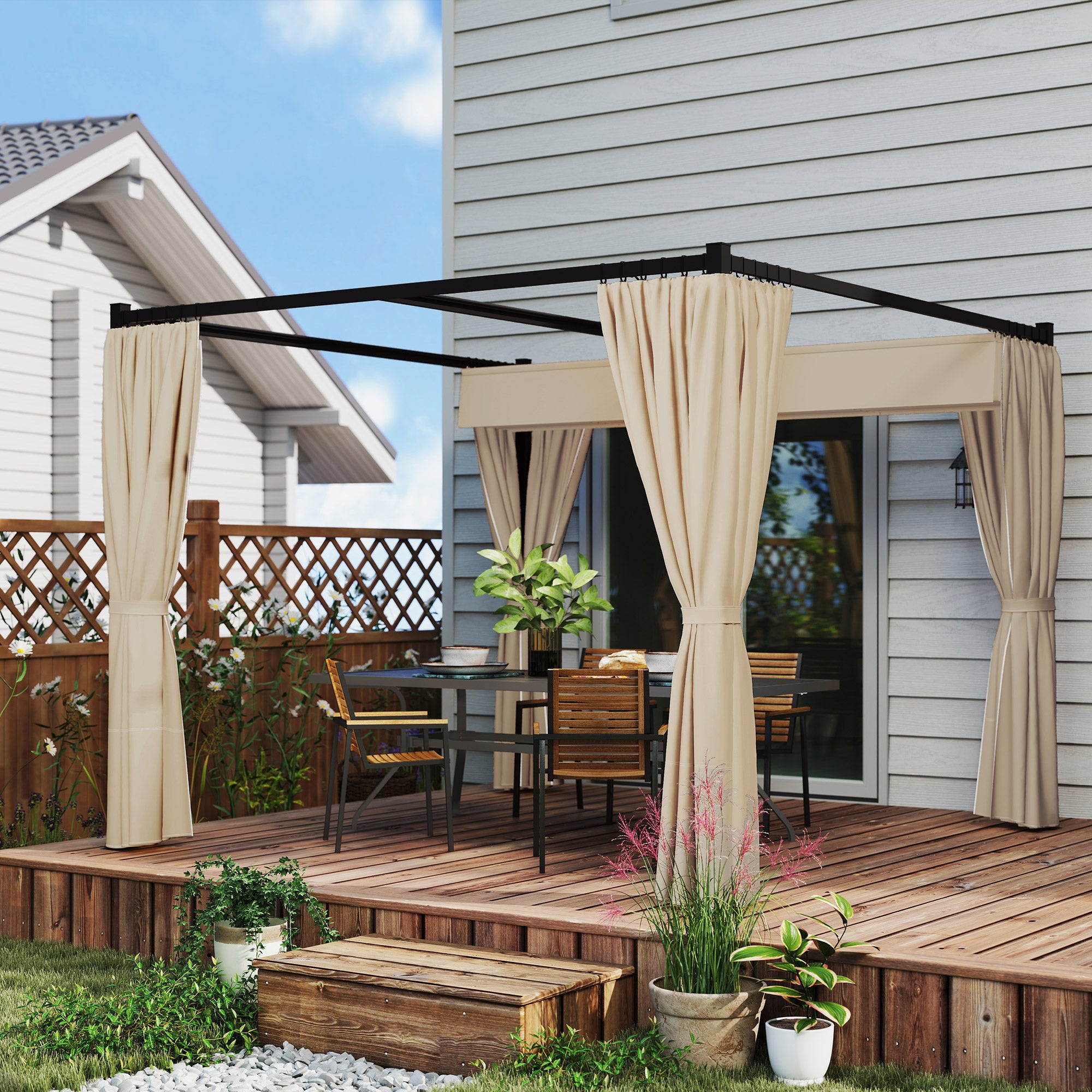 10' x 10' Retractable Pergola Canopy with Sidewalls, Metal Outdoor Gazebo Sun Shade Shelter, Beige