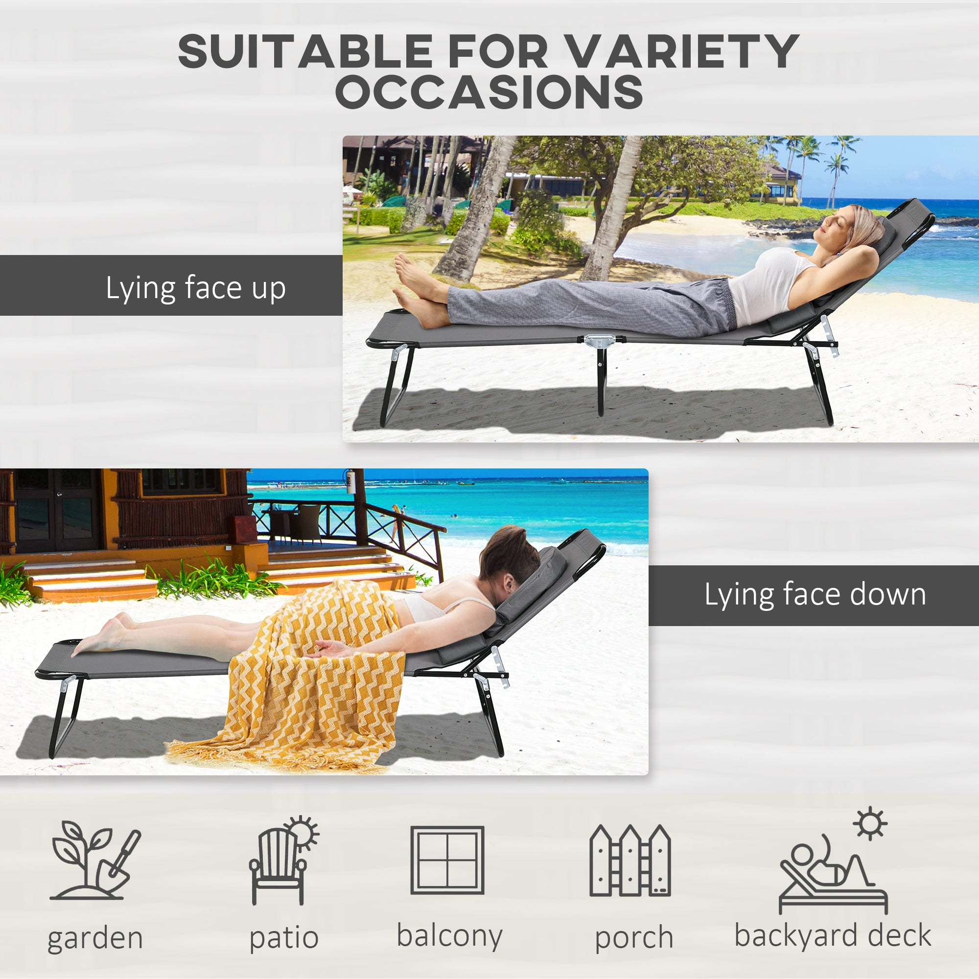 Folding Lounge Chair Set of 2, Reclining Beach Tanning Chair with Face Hole, Pillow, 4-Position Adjustable Flat Sun Lounger, Steel Frame for Outdoor Patio Pool, Grey