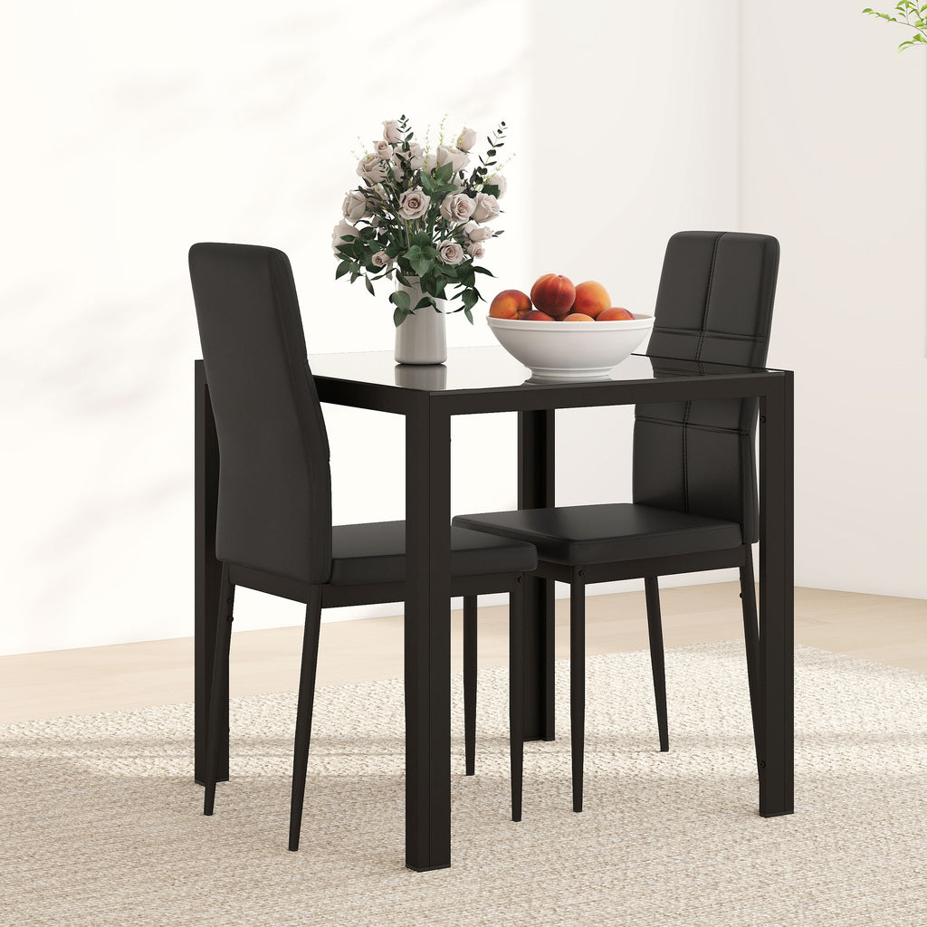 3-Piece Rectangular Glass Kitchen Table and Chairs with Metal Frame and Faux Leather Upholstery for Dining Room, Black