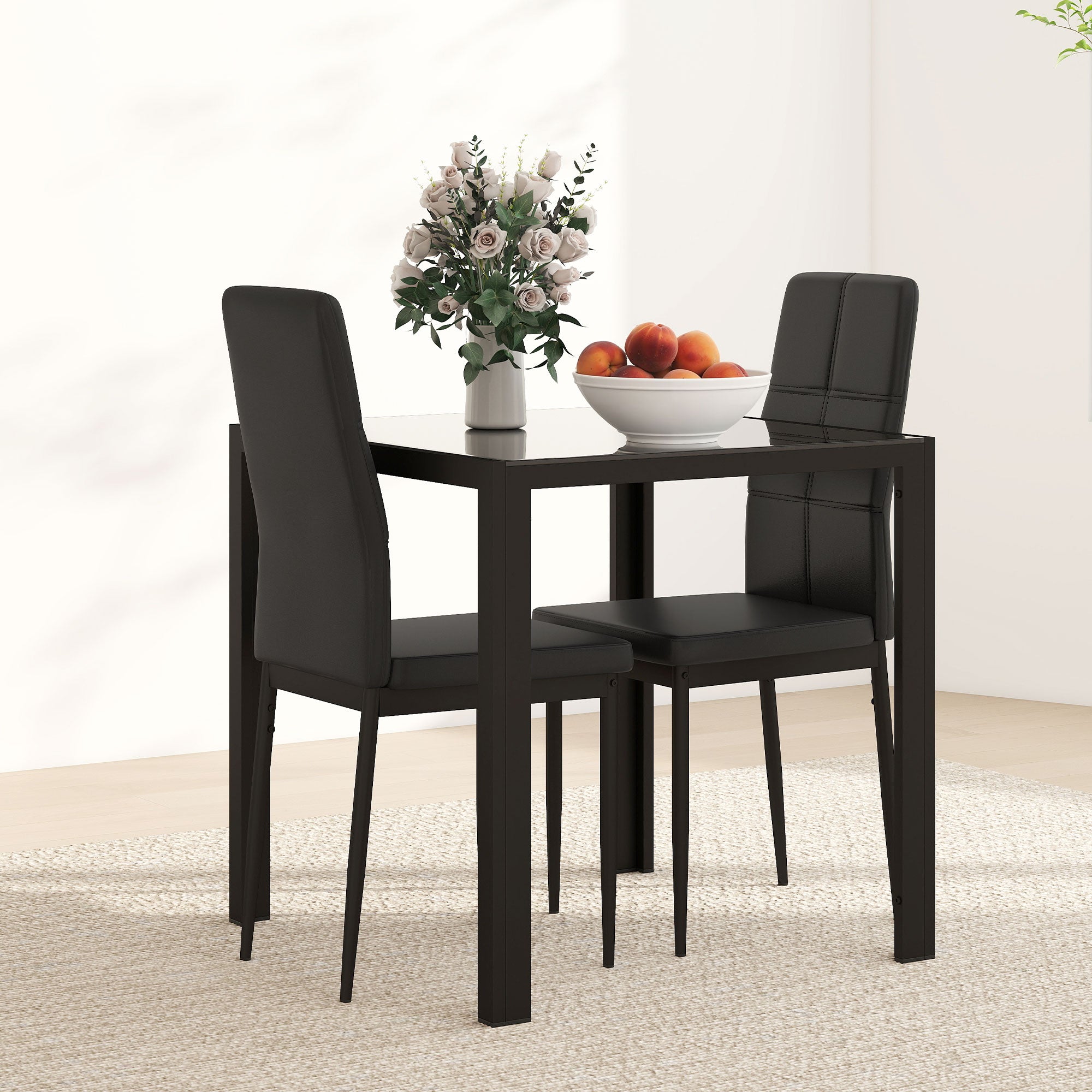 3-Piece Rectangular Glass Kitchen Table and Chairs with Metal Frame and Faux Leather Upholstery for Dining Room, Black