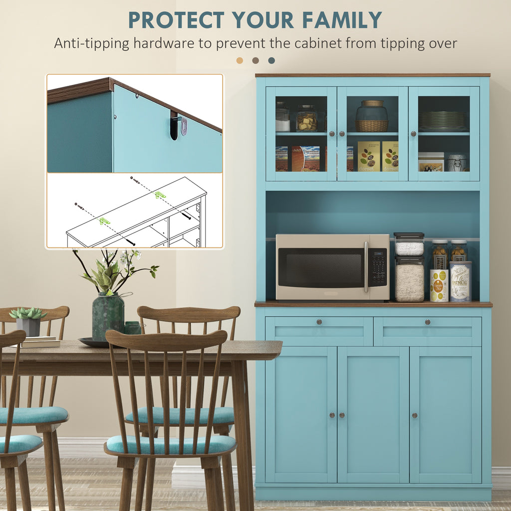 71" Pantry Cabinet with Microwave Space, Buffet with Hutch, 2 Drawers, Adjustable Shelves and Glass Doors, Blue