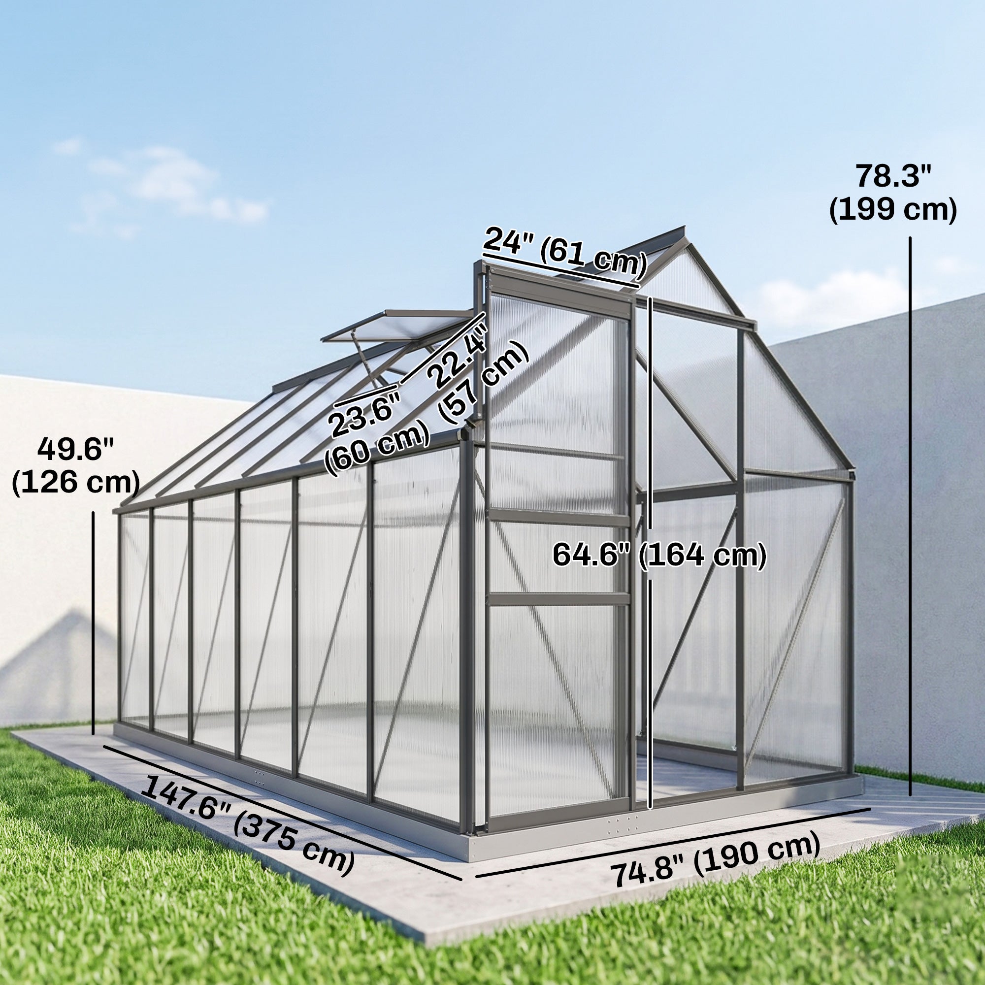 6' x 12' x 6.5' Polycarbonate Greenhouse, Walk-in Green House with Aluminum Frame Adjustable Roof Vent Galvanized Base Sliding Door Rain Gutter for Outdoor Garden, Grey