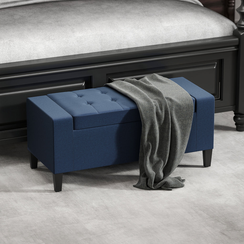 Storage Ottoman Bench, Linen Upholstered Bench with Tufted Design, Dark Blue