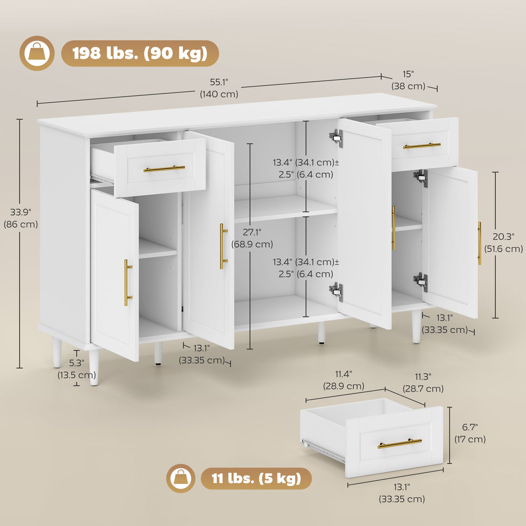 55" Buffet Cabinet with Soft-Close Doors, Modern Sideboard with 2 Drawers, 3 Adjustable Shelves and 4 Doors, White