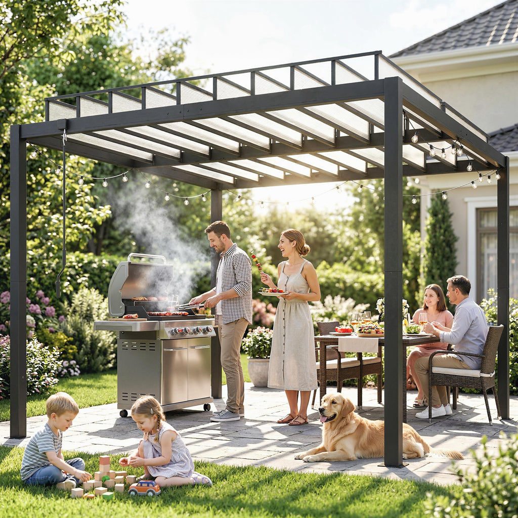 9.5 x 10 ft Louvered Pergola with PC Roof, Aluminium Outdoor Pergola Gazebo with Drainage Gutters, Handle, Clear