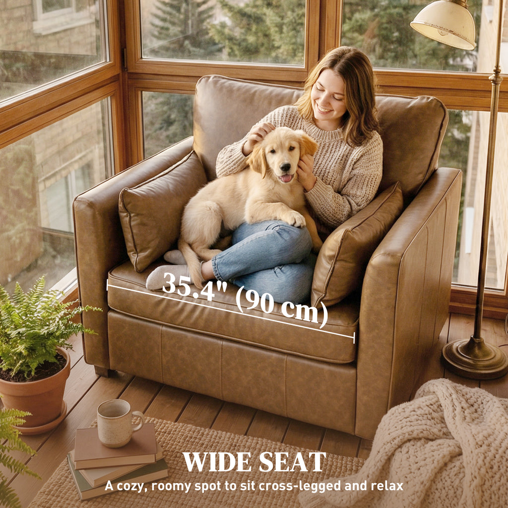 Accent Chair, PU Leather Armchair with Wide Seat, Spring Cushion, Rubberwood legs, 2 Pillows, Brown