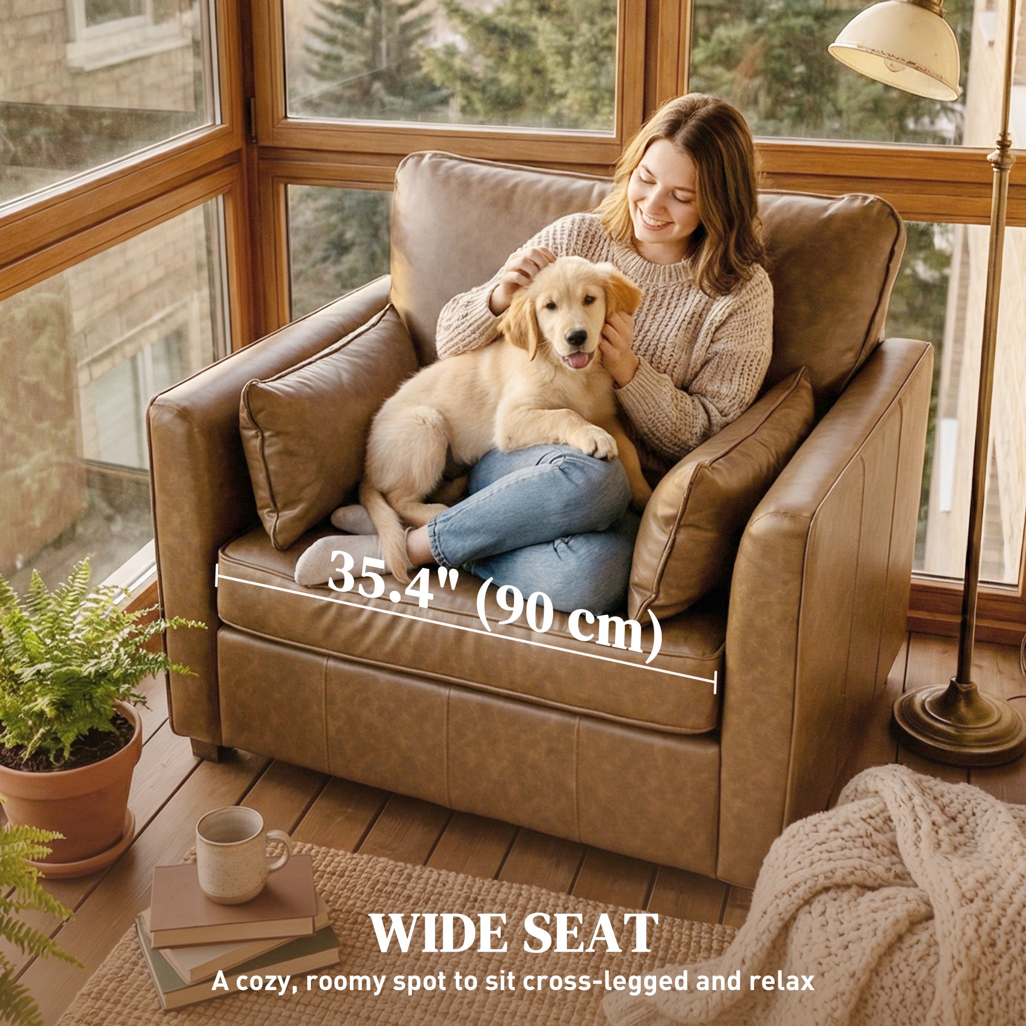 Accent Chair, PU Leather Armchair with Wide Seat, Spring Cushion, Rubberwood legs, 2 Pillows, Brown