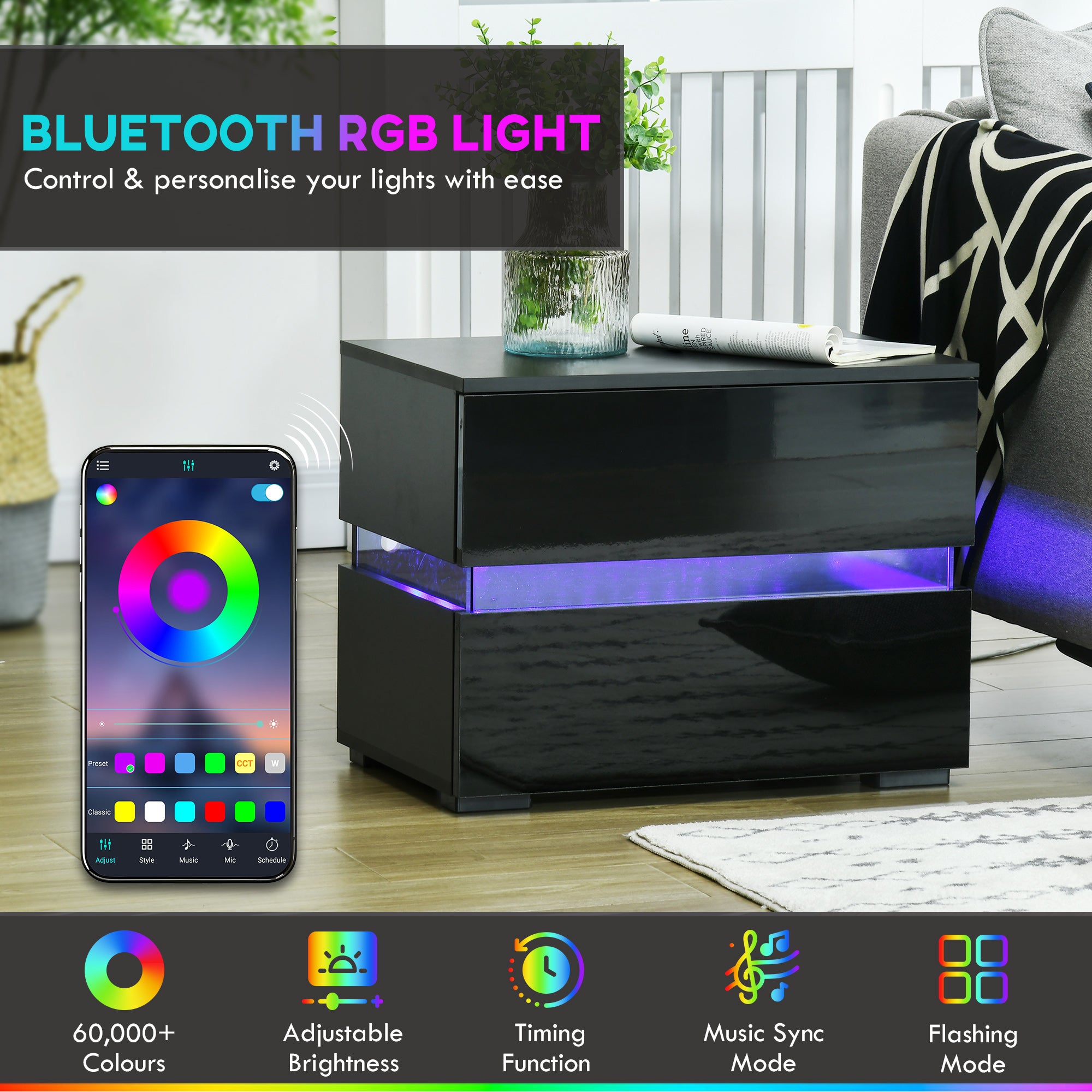 Modern Nightstand, Bedside Table with 2 Drawers, RGB LED Lights for Bedroom, Black