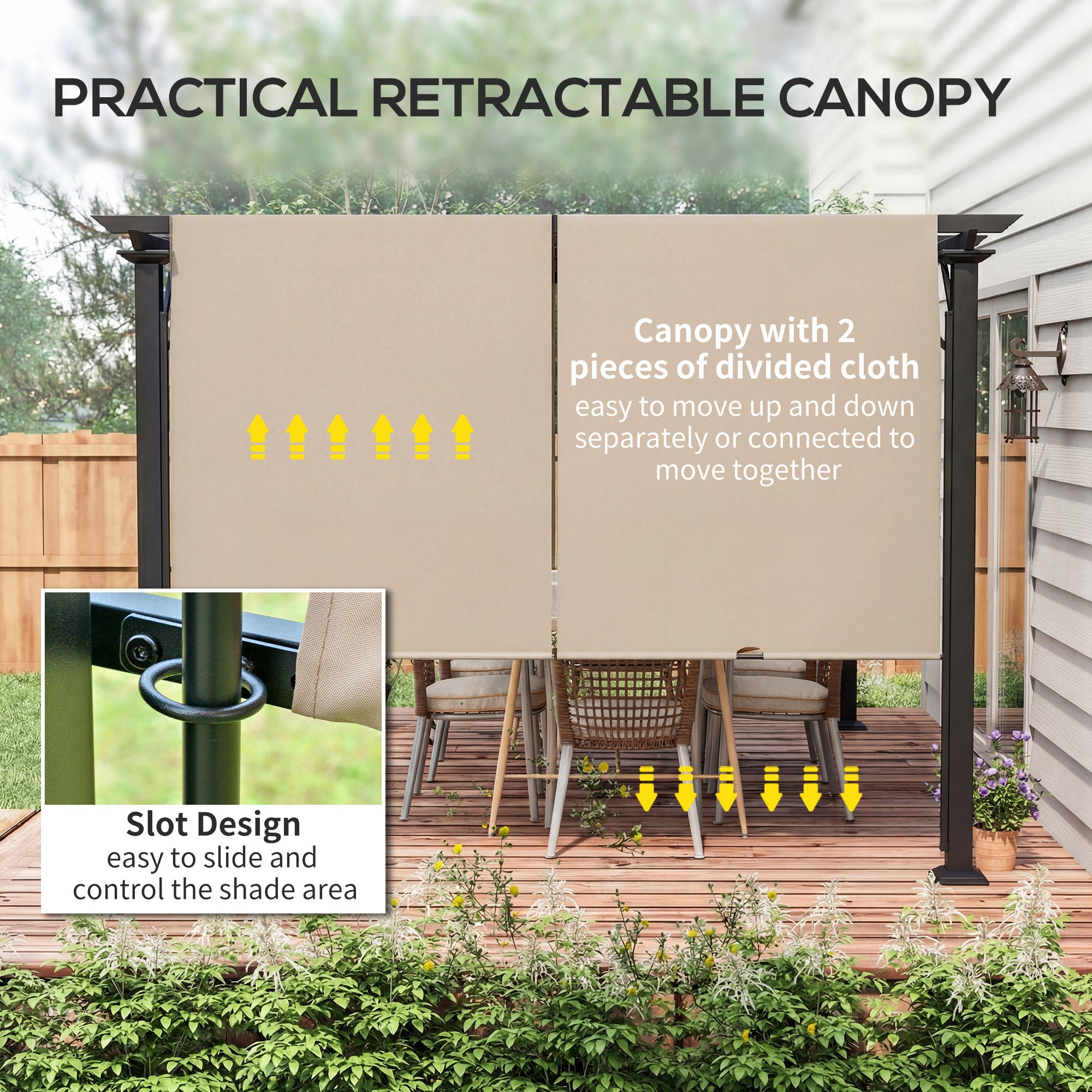 12' x 10' Outdoor Patio Gazebo Pergola with Retractable Canopy Roof, Steel Frame with Stakes, Light Brown
