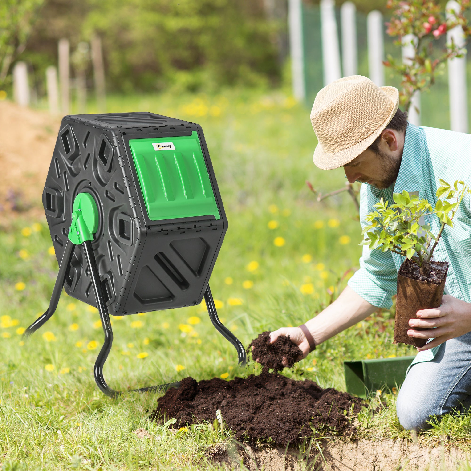 Rotating Composter, Compost Bin with 24 Vents and Steel Legs, 17 Gallon, Green