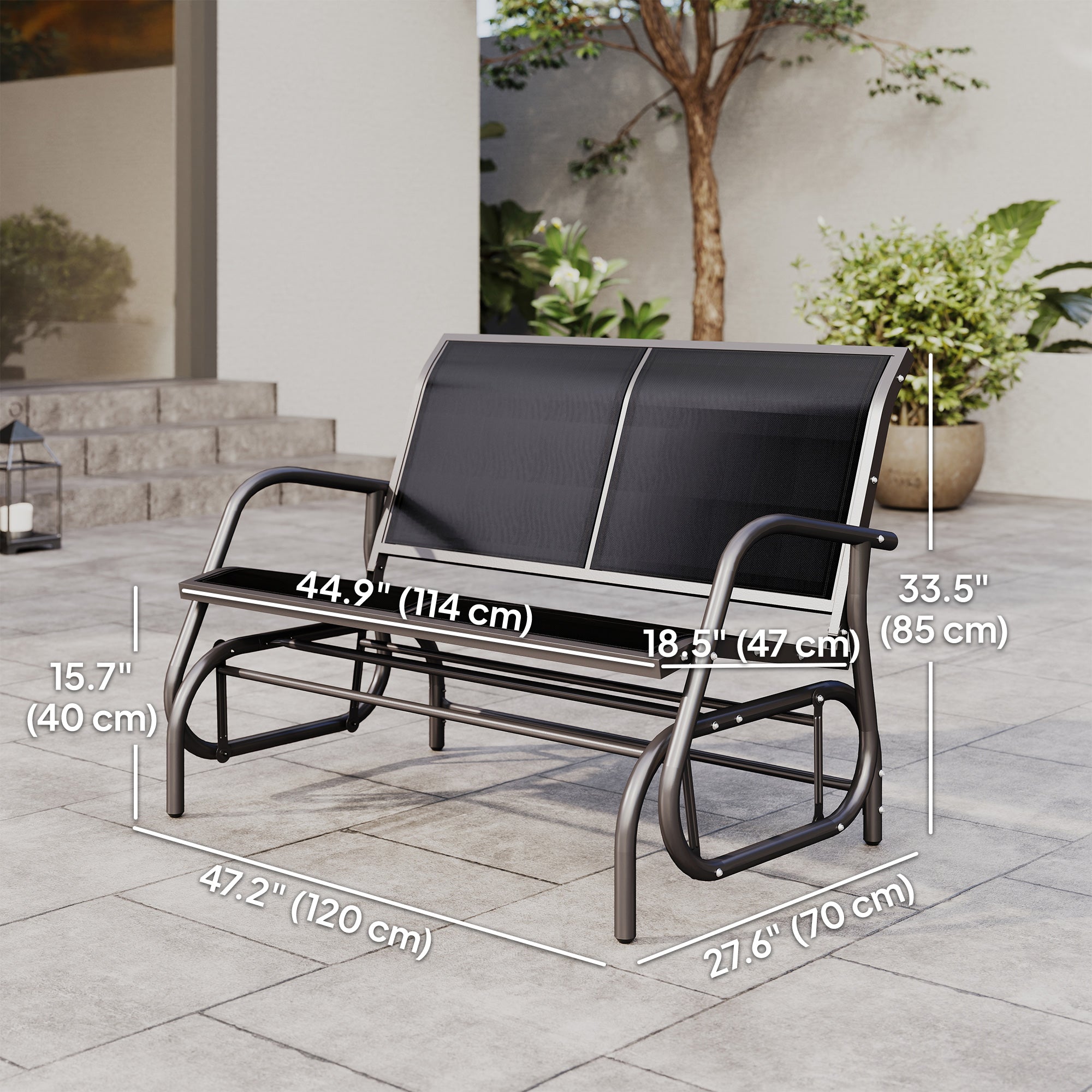 Patio Double Glider Bench Swing Chair Rocker Heavy-Duty Loveseat Outdoor Garden Rocking Bench Steel Frame Sling Fabric Seat Black