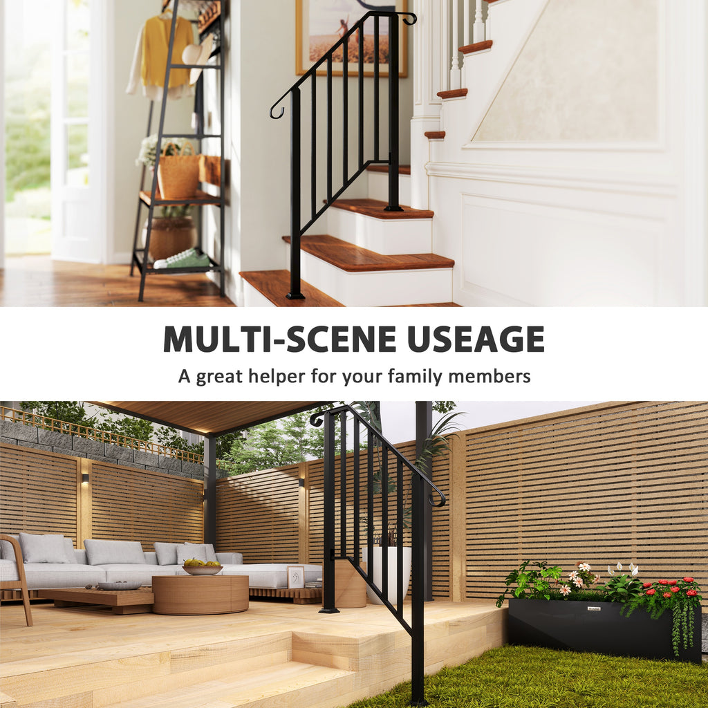 2-3 Step Handrails for Outdoor Steps, Metal Outdoor Stair Railing, Porch Deck Railing with Installation Kit, Black